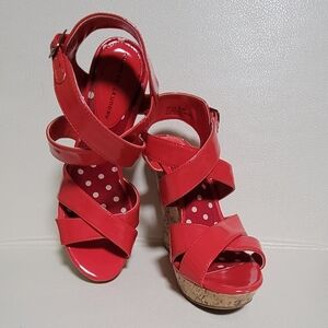 Chinese Laundry Red Polka Dot Strappy Wedge Sandals Sz 6.5